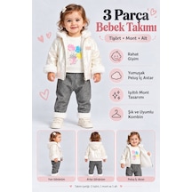 Ahengim Kız Bebek 3 Parça Takım Peluş Detaylı Kapüşonlu Parlak Mont Baskılı Üst Desenli Pantolon Ak1019 Beyaz