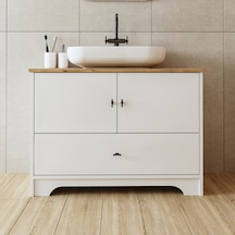 Oval Lavabolu Ayaklı 2 Kapaklı Çekmeceli Mdf 100 Cm Banyo Aria Atlantik Çam - Beyaz