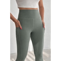 Balenbi Haute Kadın Yüksek Bel Toparlayıcı Çift Cepli Leggings Fitness Tayt 1092 Açık Haki