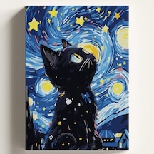Sayılarla Boyama Tuval Hobi Seti, Yıldızlı Kedi Temalı Fırça Ve Boya Dahil Set Çıtalı 40x50 Cm, Kendin Yap Sayılarla Tuval Boya Kiti Kasnaklı