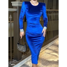 Kadın Bisiklet Yaka Vatkalı Manşet Detay Kadife Kumaş Midi Boy Elbise Saks Mavi