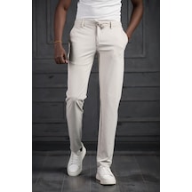 Beli Lastikli Ve İplikli Likralı Yazlık İnce Paraşüt Kumaş Jogger Pantolon Krem