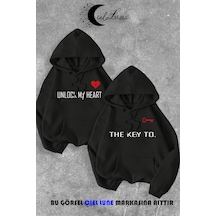 Nevermind Sevgili Çift Kombin Key To Yazı Baskılı Renk Kapüşonlu Sweatshirt Siyah