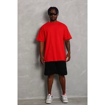 Unisex Oversize Düz Bisiklet Yaka T-shirt - Kırmızı Kırmızı