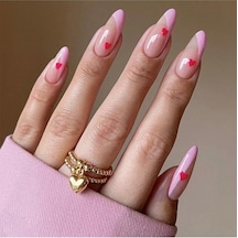 French Kırmızı Kalpli Takma Tırnak Seti 24 Adet - Pembe