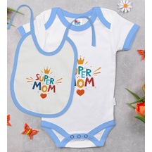 Bk Kids Super Mom Tasarımlı Mavi Bebek Body Zıbın Ve Mama Önlüğü Çok Renkli