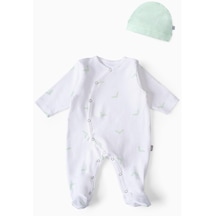 Boumini Bebek Patikli Tulum Şapka Set Beyaz Yeşil-su Yeşili