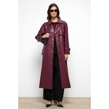 Olcay Reglan Kol Pelerin Ve Punto Dikiş Detaylı Deri Trençkot Bordo 6754