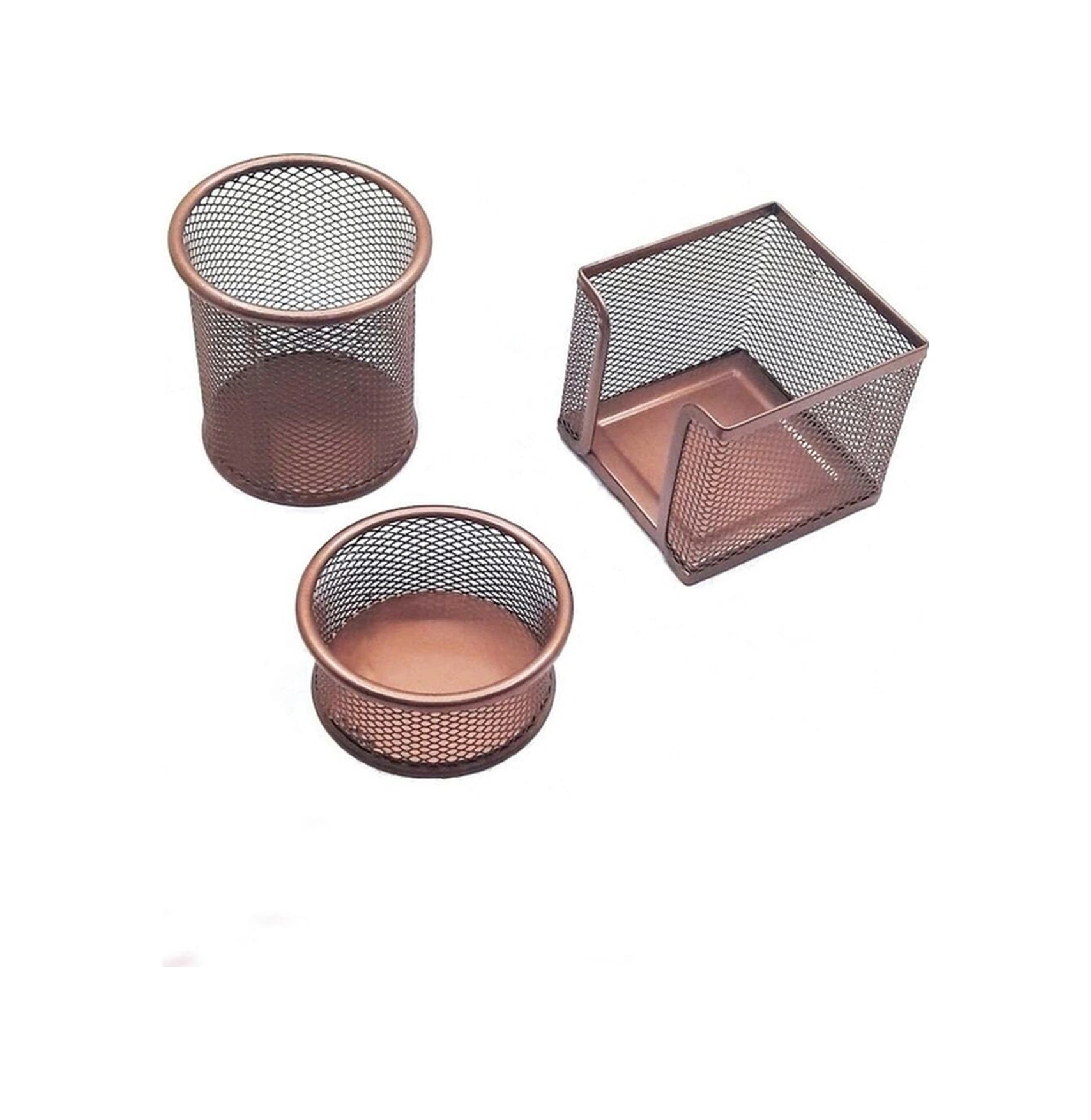 A Seti Ataşlık-kağıtlık-kalemlik 3 Lü Metal Perforeli Rose Gold A Seti