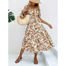 Kadın Kısa Kollu Kare Yakalı Lastikli Desenli Süprem Elbise Kahve