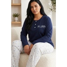 Siyah İnci Düğmeli Pamuklu Likralı Büyük Beden Battal Boy Örme Pijama Takım26240942 Lacivert
