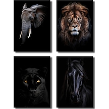 Çerçevesiz Poster,4'lü Hayvan Posterleri Aslan,panter,fil,at Dijital Baskı Karanlık Tema