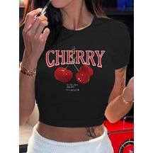 Defymoda Kadın Kısa Kollu Bisiklet Yaka Desenli Krop Bluz Siyah