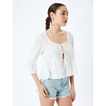 Koton Bağcıklı U Yaka Crop Volanlı Bluz Beyaz 5sal60061ıw Beyaz