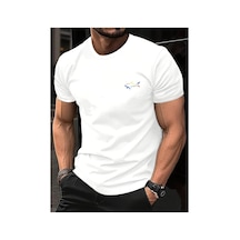 Caddemia Yaz Moda Rahat Gevşek Spor Moda Köpekbalığı Deseni Baskılı Yuvarlak Boyun Kı Beyaz 2XL