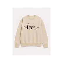 Herkesemoda Love Yazı Baskı Detaylı Şardonlu 2 İplik Bisiklet Yaka Sweatshirt Bej