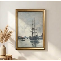 Klasik Gold Çerçeveli Yelkenli Gemi Deniz Manzaralı Tablo Lüks Salon Duvar Dekoru