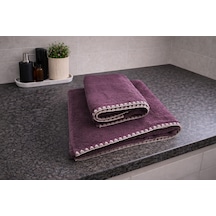 Krem İstiridye Dikişli %100 Pamuk Yumuşak Dokulu Yüksek Su Emici 2'li Banyo Havlu Seti 50x90-70x130 Mor