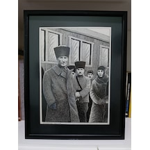 Atatürk Resmi - Orijinal Çizim - Siyah Ahşap Çerçeveli