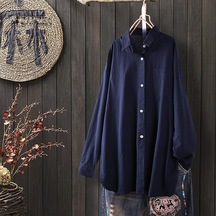 Lacivert Zanzea Vintage Kadın Yaka Boyun Düğmesi Ön Tunik Gömlek Gevşek Rahat Uzun Kollu Düzensiz Bluz Üstleri L Lacivert
