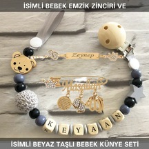 Sahi Aksesuar İsimli Bebek Emzik Zinciri Ve İsimli Bebek Künye Seti Bezyı729 Bej - Mavi