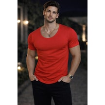 Bybülent Erkek Oval Yaka Tişört Açık Yaka Likralı Slim Fit T-shirt Kırmızı