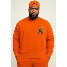 Benroma 3 İplik Penye Çiçekli A Baskılı Büyük Beden Unisex Sweatshırt Turuncu