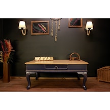 Wooding 120 Cm Masif Naturel Lacivert Oymalı Orta Sehpa