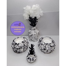 Siyah Beyaz Dekoratif Biblo Mumluk Vazo Takımı Çiçekler Dahildir Siyah Beyaz