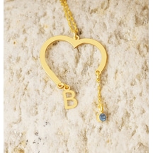 Dkmn Gümüş Kalp Şekilli Harfli ve Doğum Taşlı 925 Ayar Gümüş Kolye