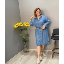 Kısmet Sepeti Kadın Büyük Beden Jean Kumaş Mavi Gömlek Elbise Siyah