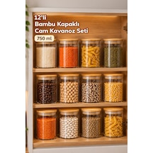 Porsima 1-4 Bambu Vakumlu Kapaklı Yuvarlak Cam 12li Kavanoz Seti Saklama Kabı 750ml 10x12cm