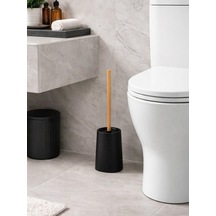 Mat Siyah Ahşap Saplı Tuvalet Fırçası Ve Standı Modern, Şık Wc Fırçası Vıchy-7047
