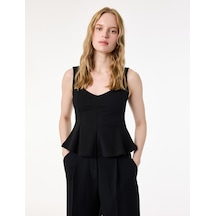 Koton V Yaka Kolsuz Slim Fit Krep Peplum Bluz Siyah 6sal30195ık
