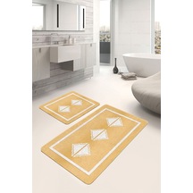 2'li Set Sarı Zeminde Çerçeve Motifli Baklava Desenli Geometrik Sade & Şık 2'li Banyo Paspas Takımı