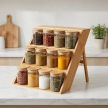 Deconox Bambu Standlı 12 Li Baharatlık Seti, 200 Ml Borosilikat Cam Kavanoz, Bambu Vakum Kapaklı, Tezgâh Üstü Ve Çekmece İçi Düzenleyici Çok Renkli