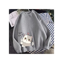 Tarzsokak Bisiklet Yaka Don't Kıss Me Kedicik Baskılı Tam Kışlık Oversize Kadın Sweatshırt Ld Gri