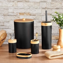 Bersachef Limpia Bambu Desenli 5'li Banyo Seti Çöp Kovası Sıvı Sabunluk Diş Fırçalık Kutusu Banyo Seti Siyah