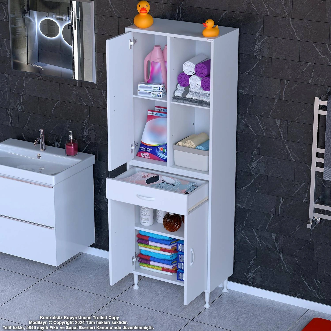 Kayra Banyo Ve Mutfak Dolabı Çok Amaçlı Dolap Tek Çekmece 3 Kapak 3 Raf 6 Bölme 60x173x32,5 Cm Beyaz