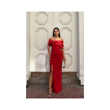 DefyModa Kadın Minimal Esnek Saten Kumaş Carmen Yaka Yırtmaçlı Abiye Elbise Kırmızı