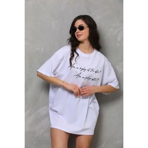 Grafik Baskılı Unisex Günlük Stil Beyaz Kristal Doku Oversize Tiş