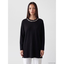 Lcw Everyday Siyah Soft Touch Taşlı Oversize Kadın Sweatshirt Tunik