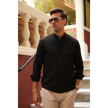 Hakim Yaka Slim Fit Keten Hediye Kutulu Erkek Gömlek Fs-003042 - Siyah-2193