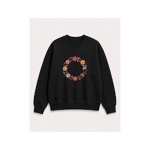 Herkesemoda Halka Çiçekler Baskı Detaylı Şardonlu 2 İplik Bisiklet Yaka Sweatshirt Siyah