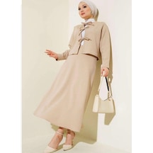 Lovie Moda Kadın Önü Bağcıklı Etek Takım Bej