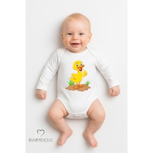 Babyden's Sevimli Hayvan Figürlü %100 Pamuk Uzun Kollu Çıtçıtlı Bebek Body Ördek Beyaz