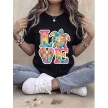 Tropikal Sahil Temalı Love Baskılı Kompak T-shirt Siyah