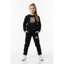 Düz Yuvarlak Yaka Dogs Yazı Baskılı Kız Çocuk Eşofman Takımı Siyah