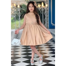 Riccotarz Kız Çocuk Boydan Üzeri Taş İşlemeli Kemer Detaylı Piliseli Krem Elbise 001