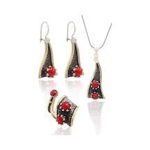 Mercan Taşlı Sallantılı Model El İşçiliği Otantik Gümüş Üçlü Set 201024124 Gümüş